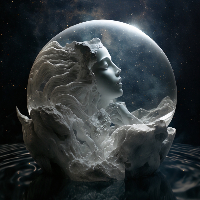 an artful depiction of an Aquarian ensconced within a glass globe of a Moon